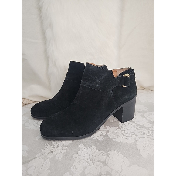 Franco Sarto Shoes - Franco Sarto Black Suede Bootie Size 10M Stacked Chunky 3" Heel Zipper EUC